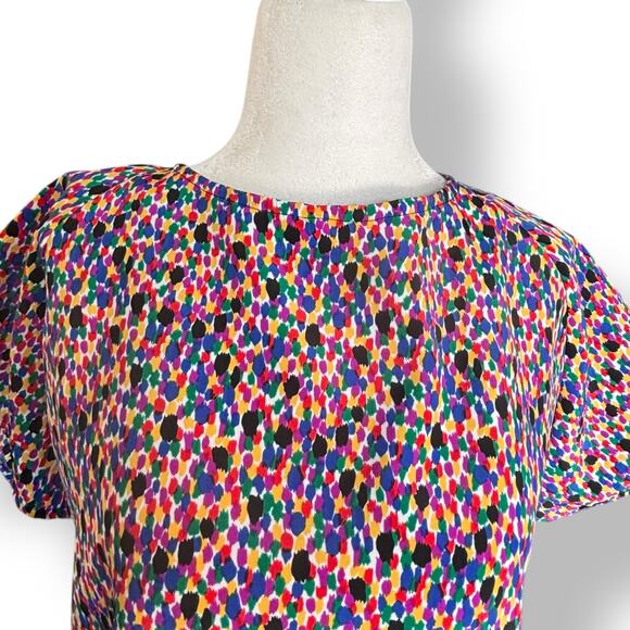 Vintage 90s Blouse Rainbow Dot Print Abstract Painterly Top Short Sleeve Medium - Picture 3 of 8